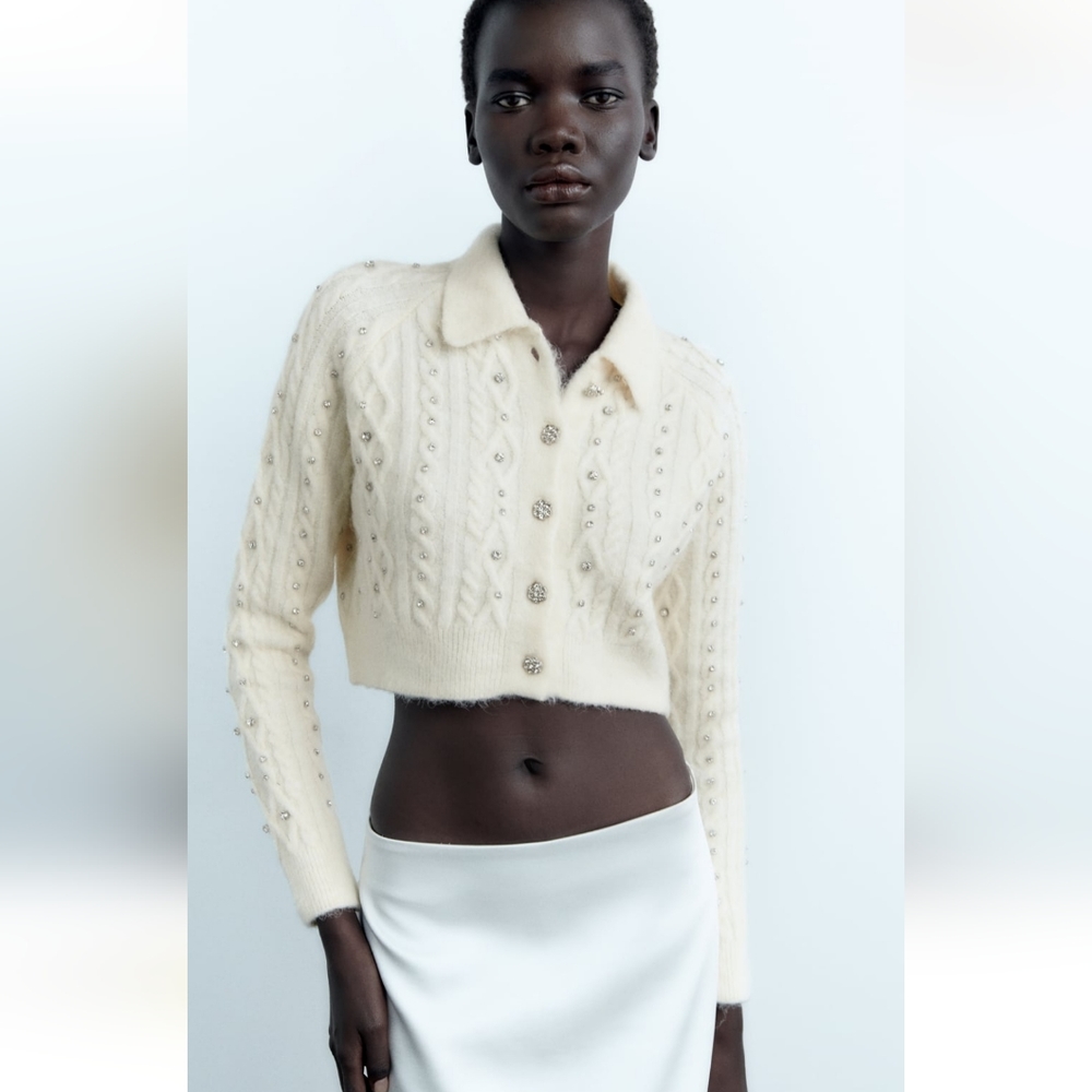 ZARA BEADED CROP FUR CARDIGAN